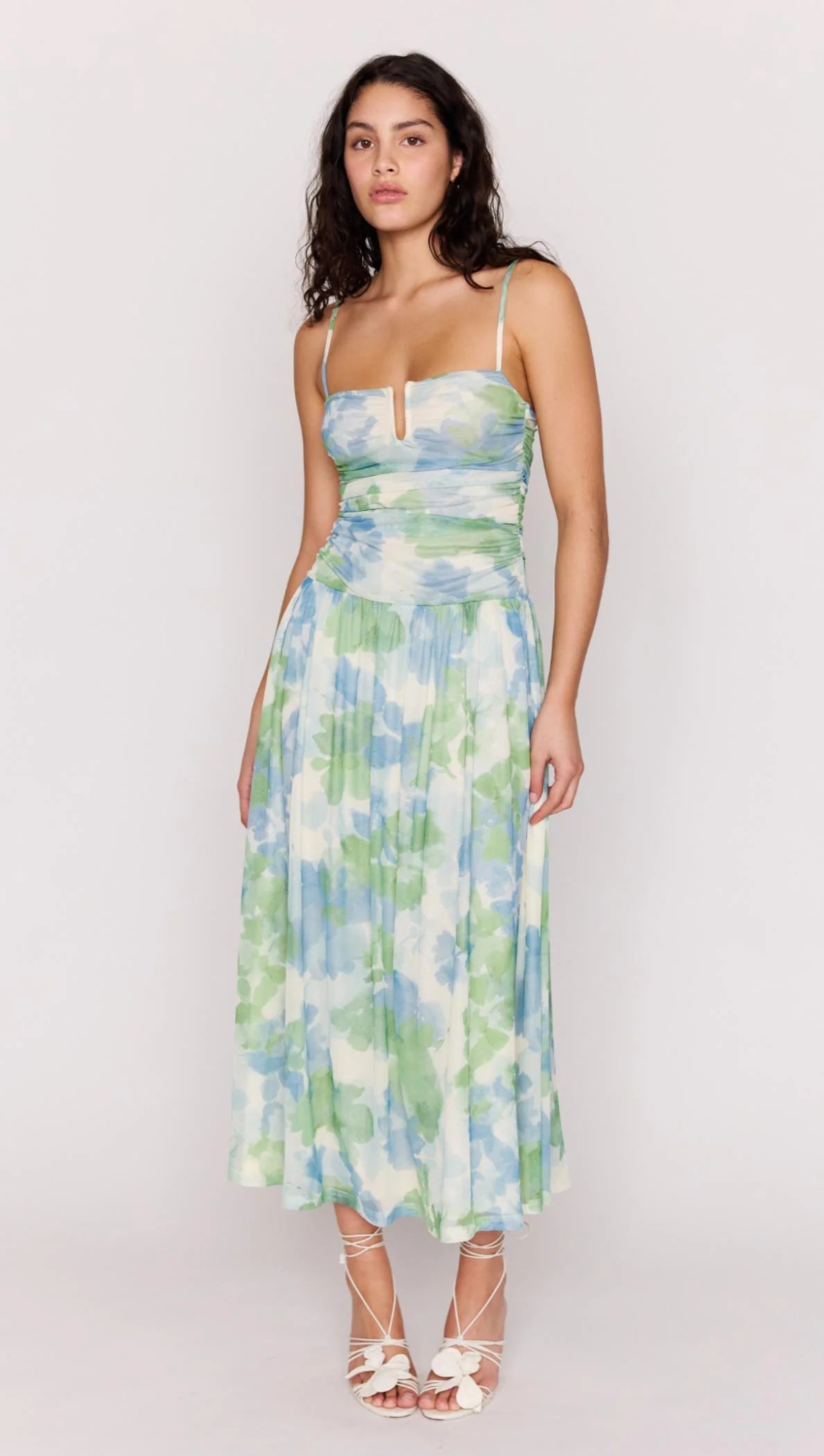 maxi dress in blue and green watercolour floral prints