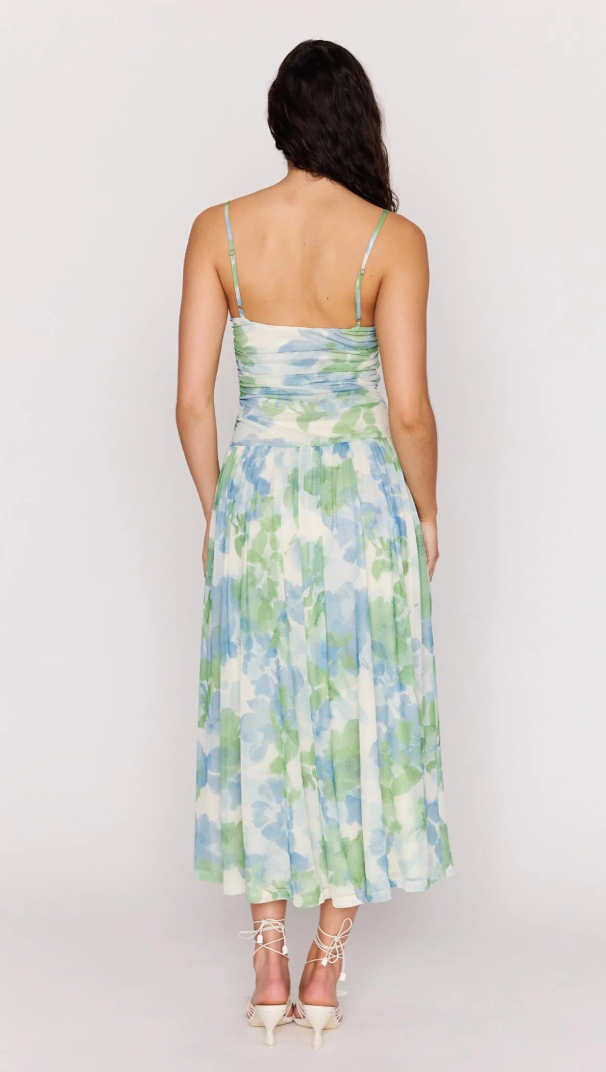maxi dress in blue and green watercolour floral prints