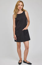 mini black dress with two pockets on the front