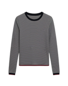 long sleeve navy stripe top with burgundy trim