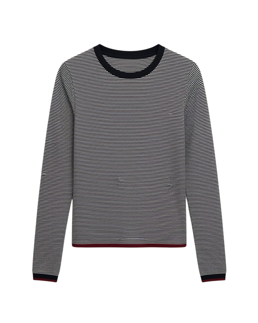 long sleeve navy stripe top with burgundy trim