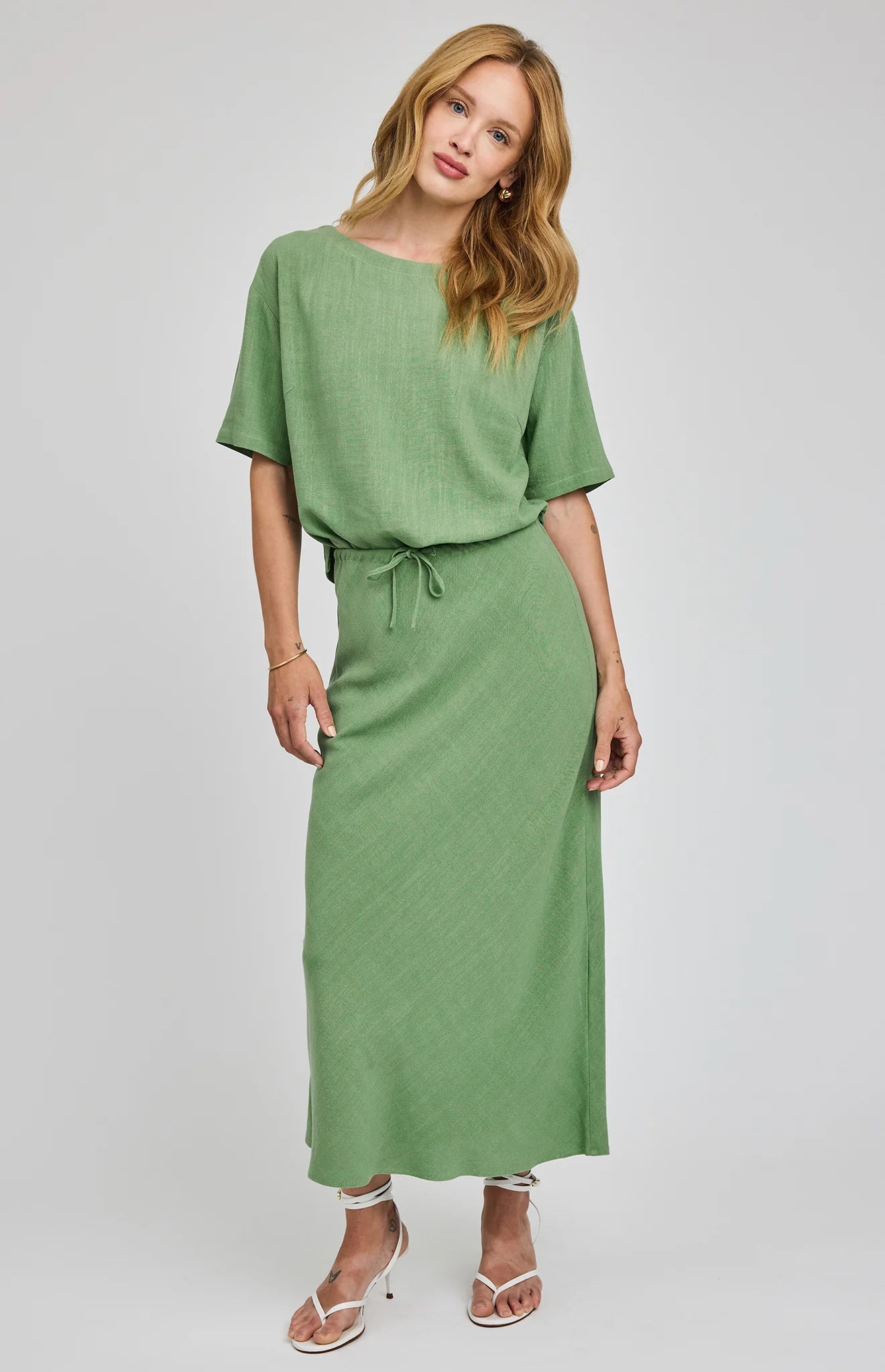 green midi linen skirt