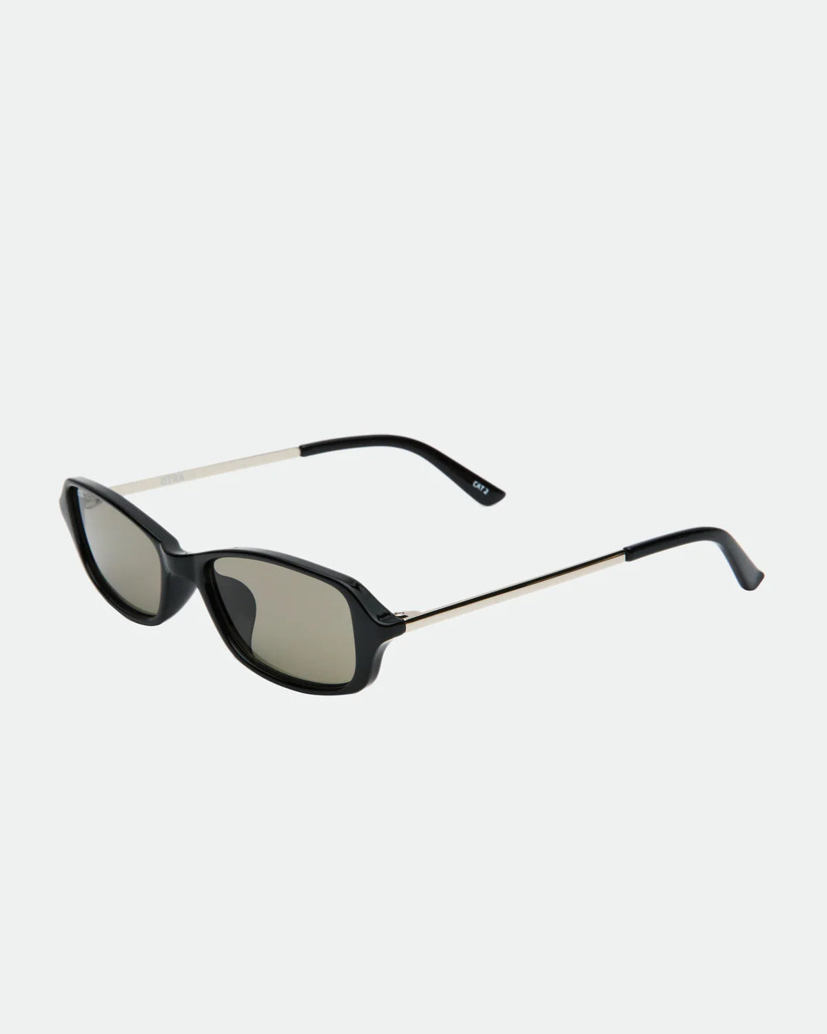 rectangular black sunglasses with grey lenses