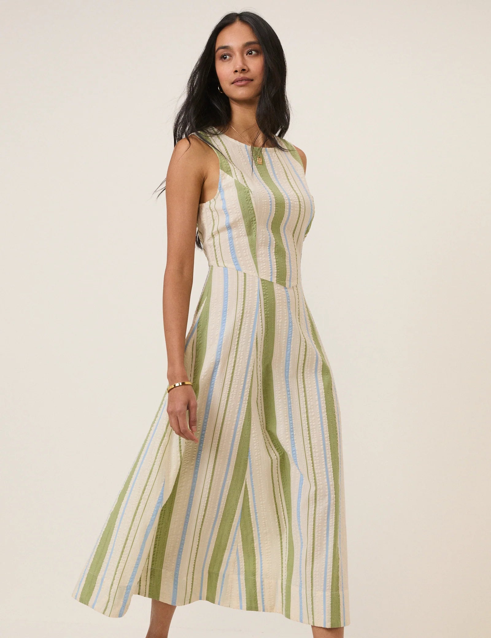 striped cream and green midi dress
