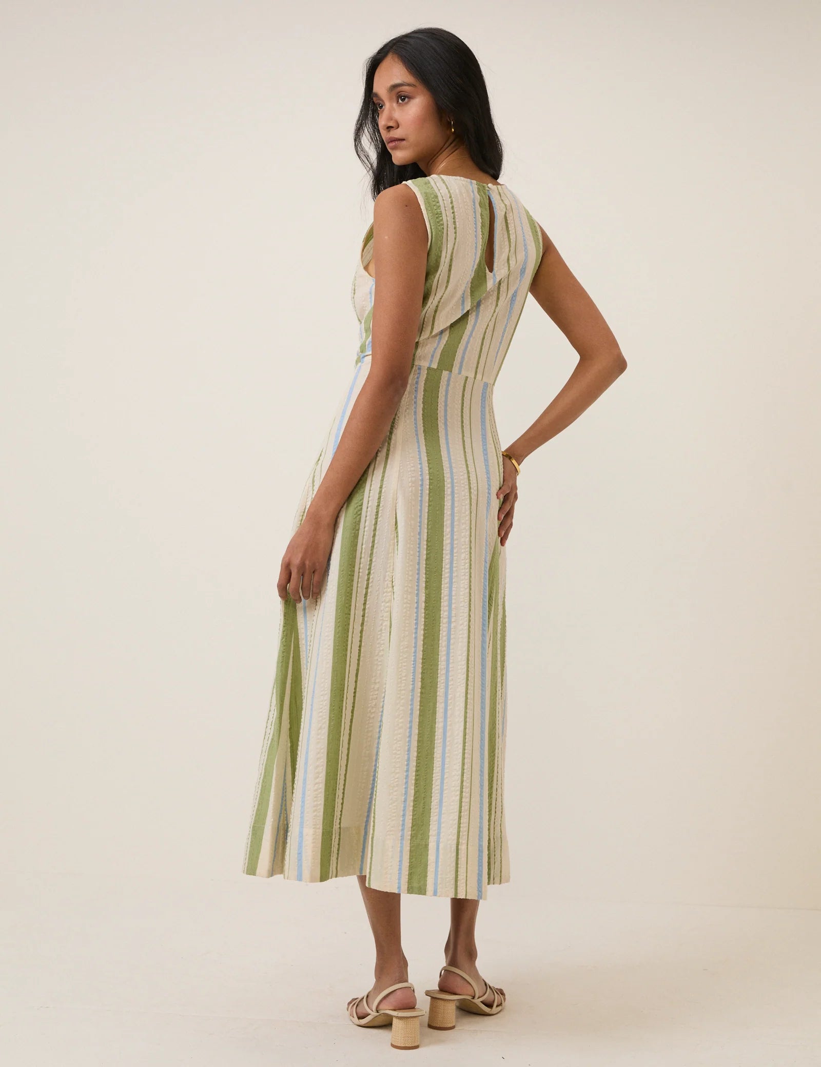 striped cream and green midi dress