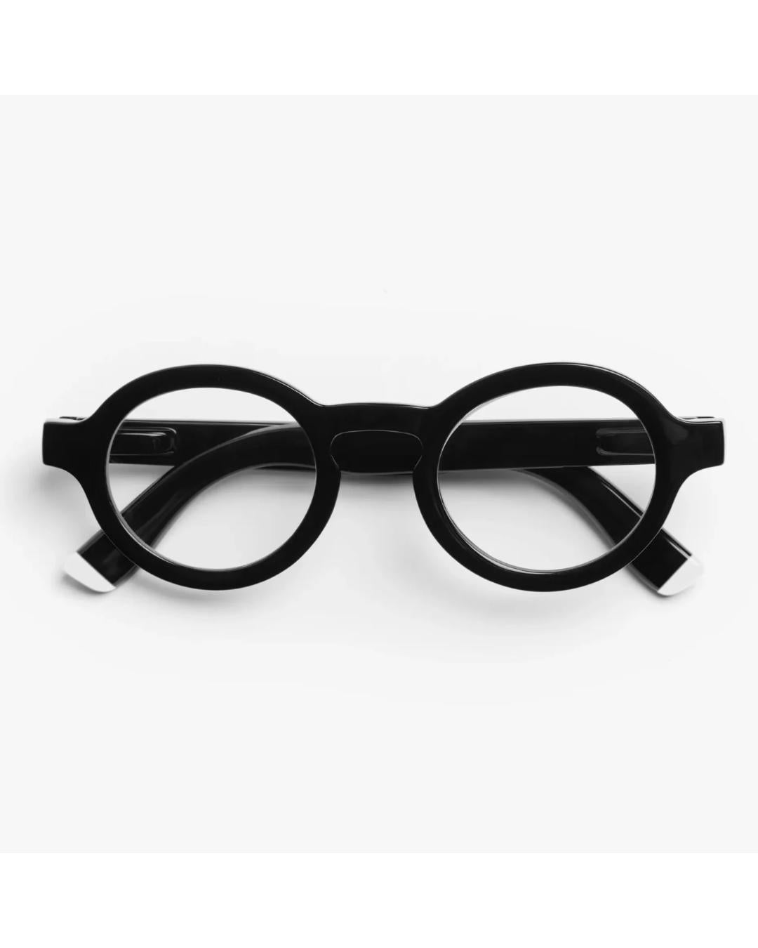 round eyeglasses with a black frame
