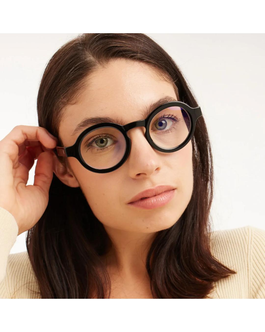 round eyeglasses with a black frame