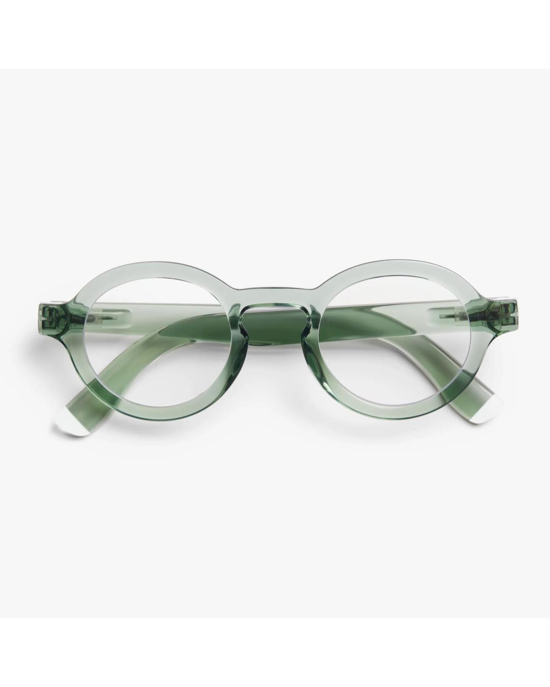 eyeglasses with a green frame