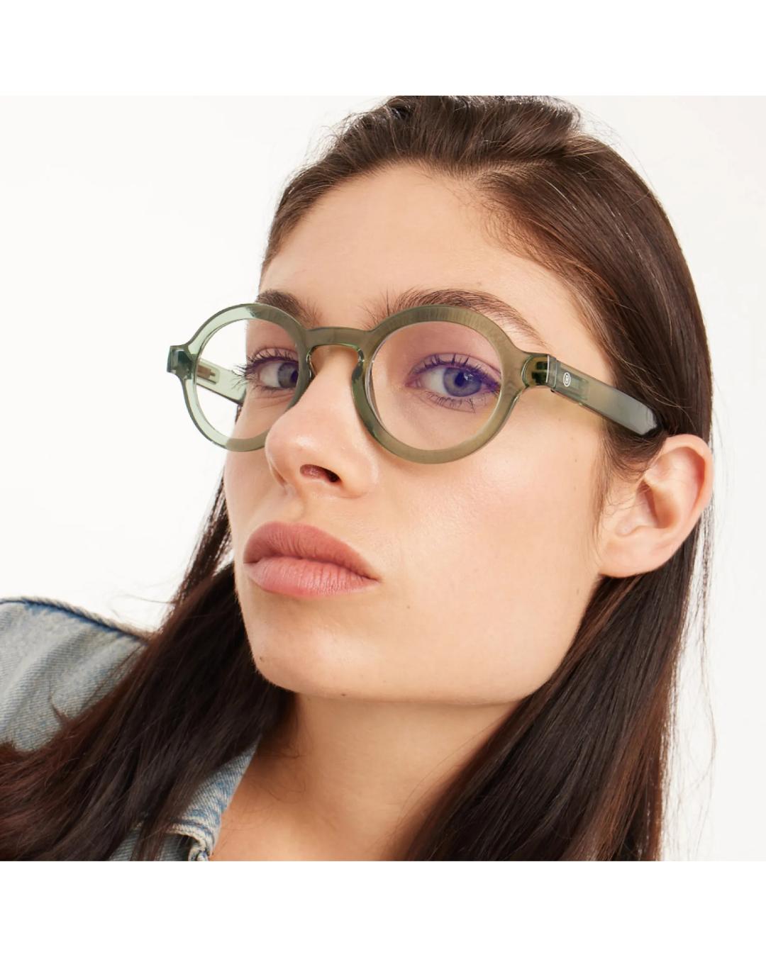 eyeglasses with a green frame