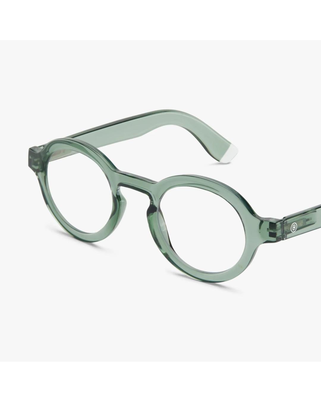 eyeglasses with a green frame