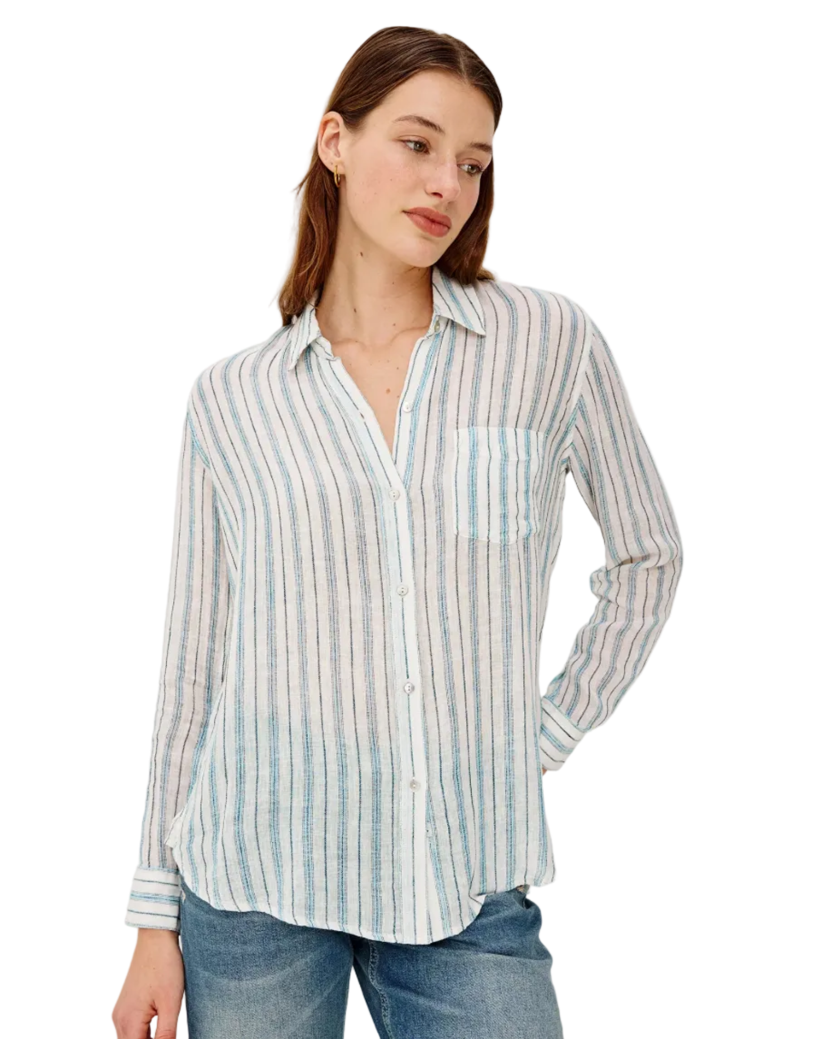 blue and white stripe button up