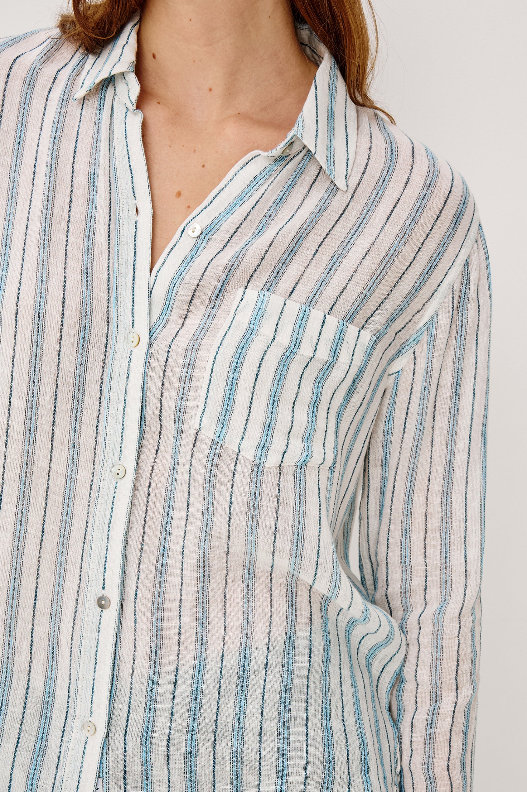 blue and white stripe button up