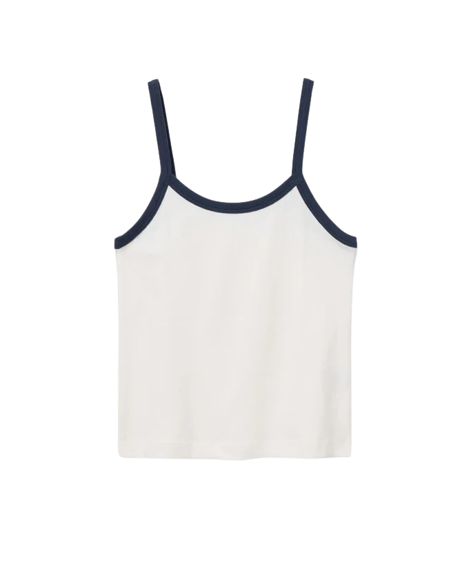 cream tank with contrast navy piping