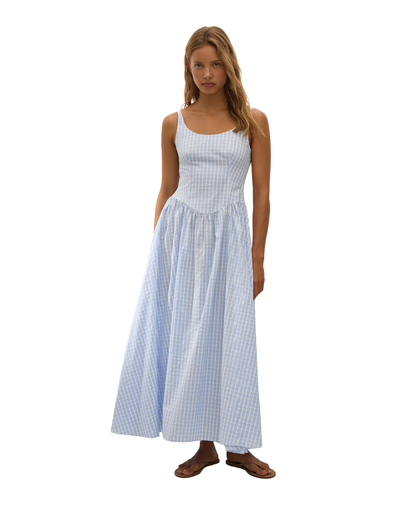 maxi dress with blue and white checks 