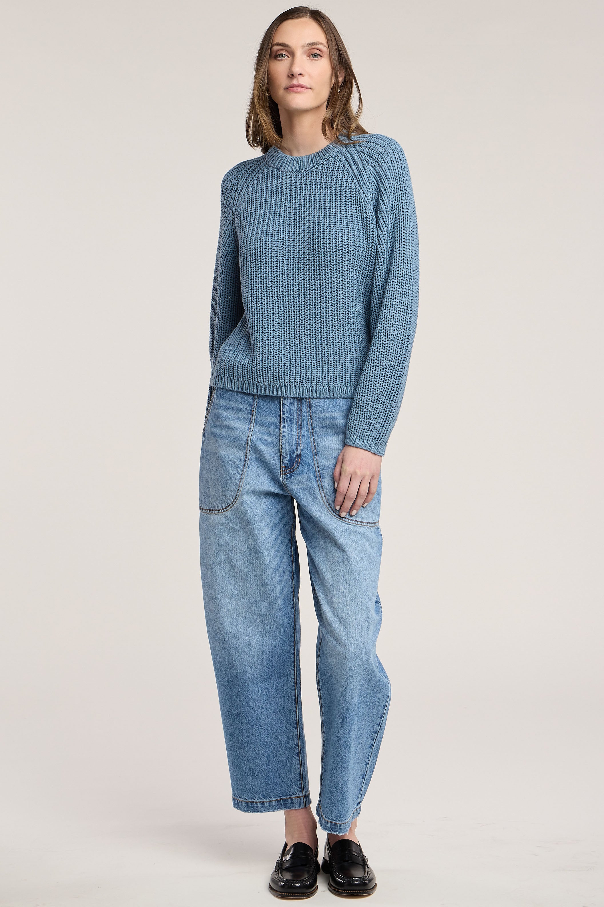 blue chunky knit sweater