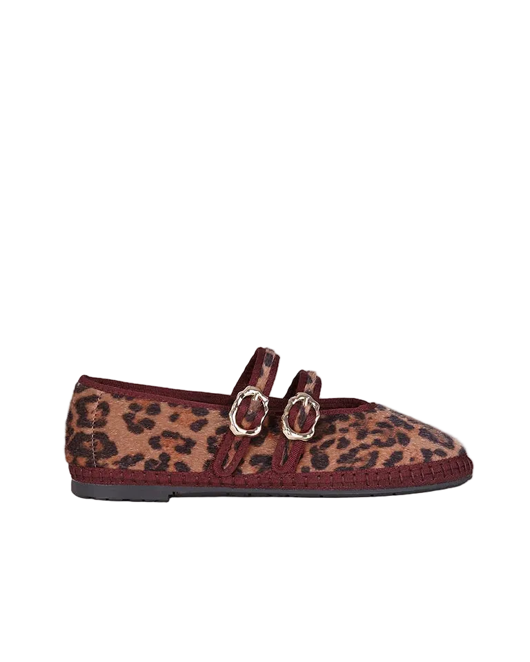 cheetah print flat shoe with burgundy trim
