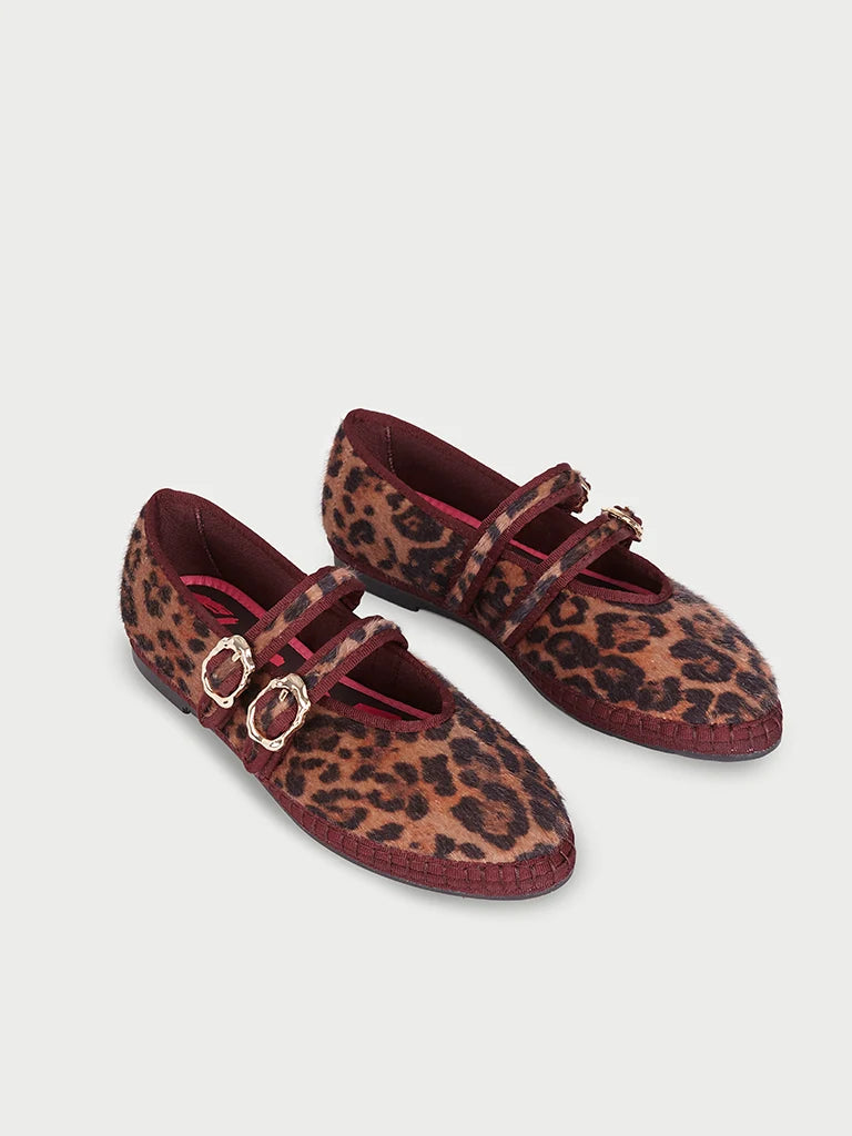 cheetah print flat shoe with burgundy trim