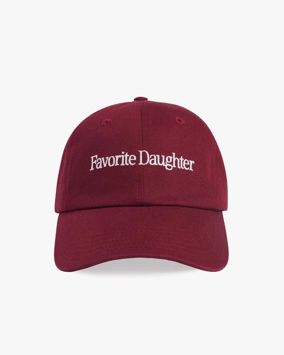 Maroon baseball cap with 'Favorite Daughter' text 