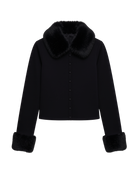black knit cardigan with faux fur on collar and cuffs