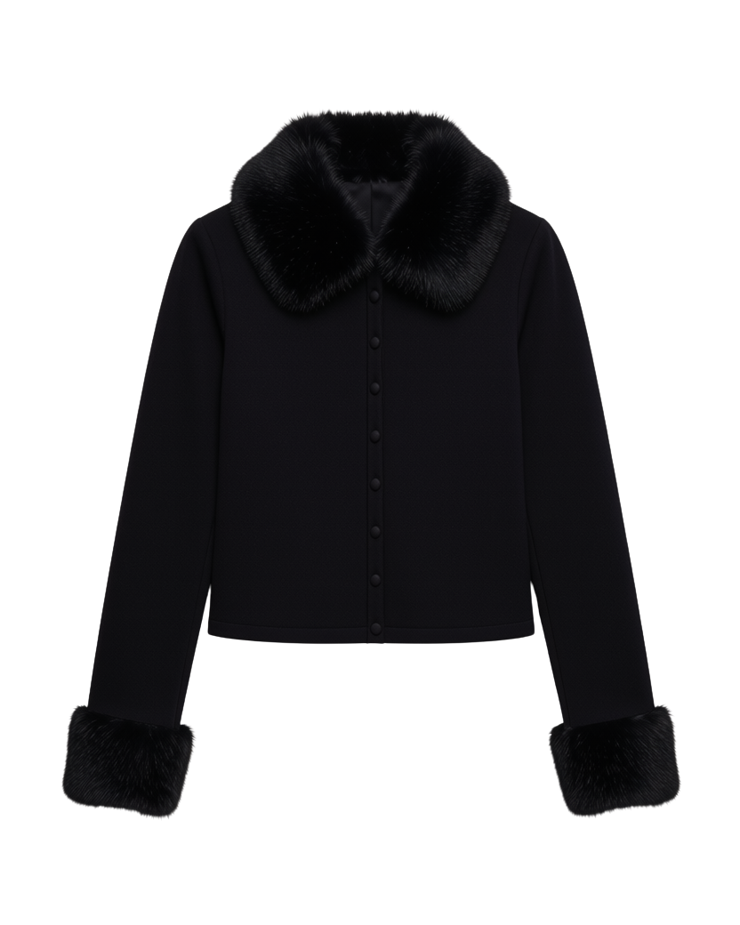 black knit cardigan with faux fur on collar and cuffs