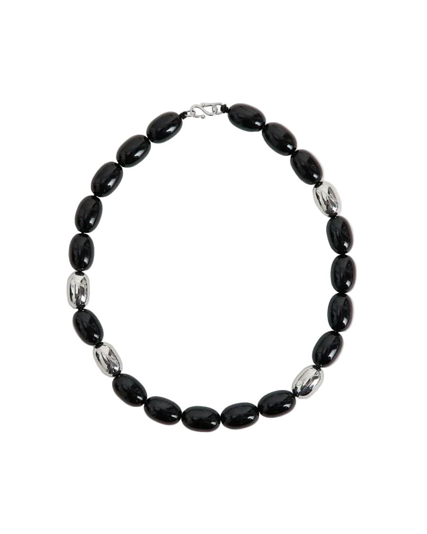 chunky black beaded necklace with silver details