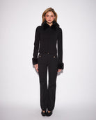 black knit cardigan with faux fur on collar and cuffs