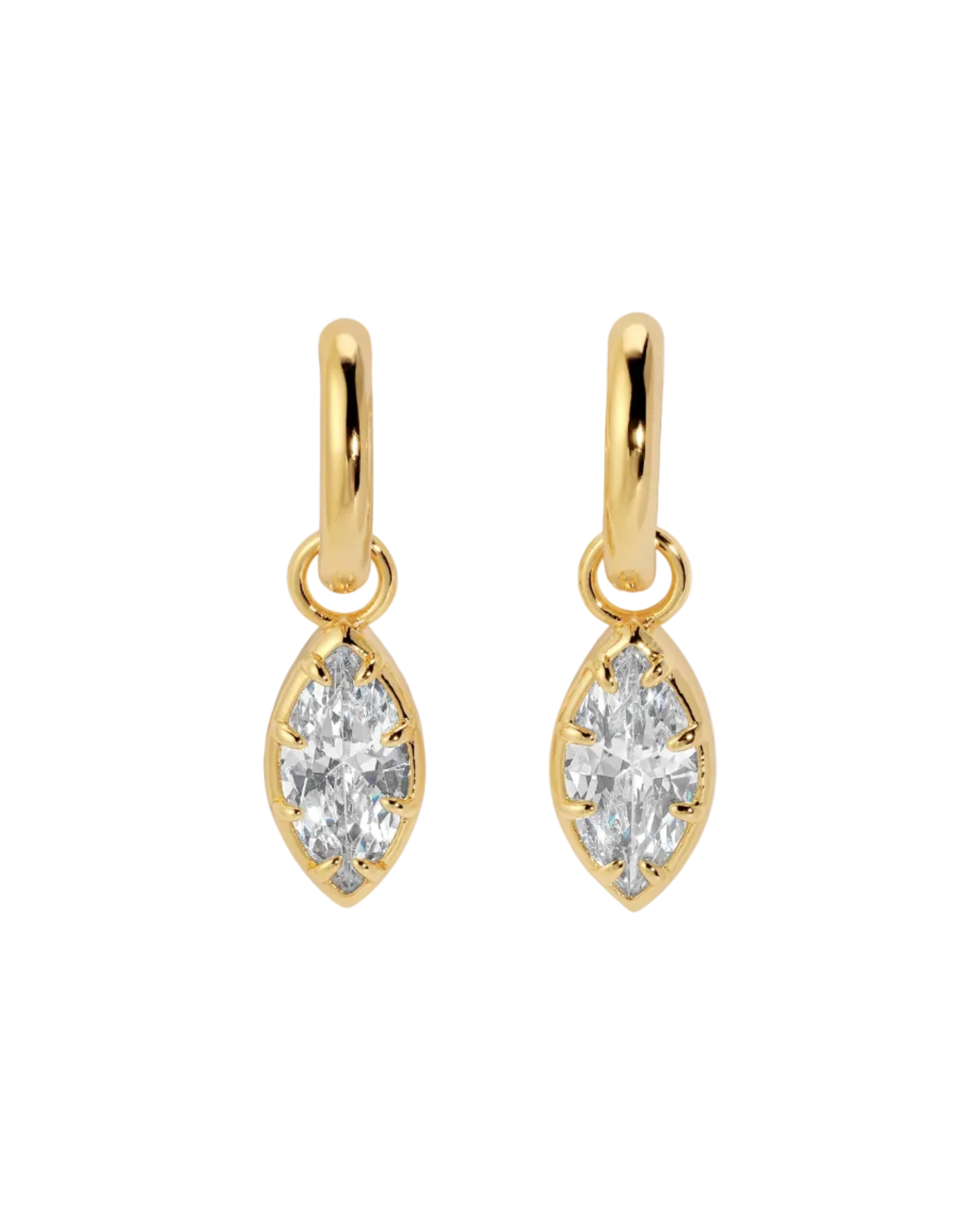 gold huggie earring with drop marquise diamond