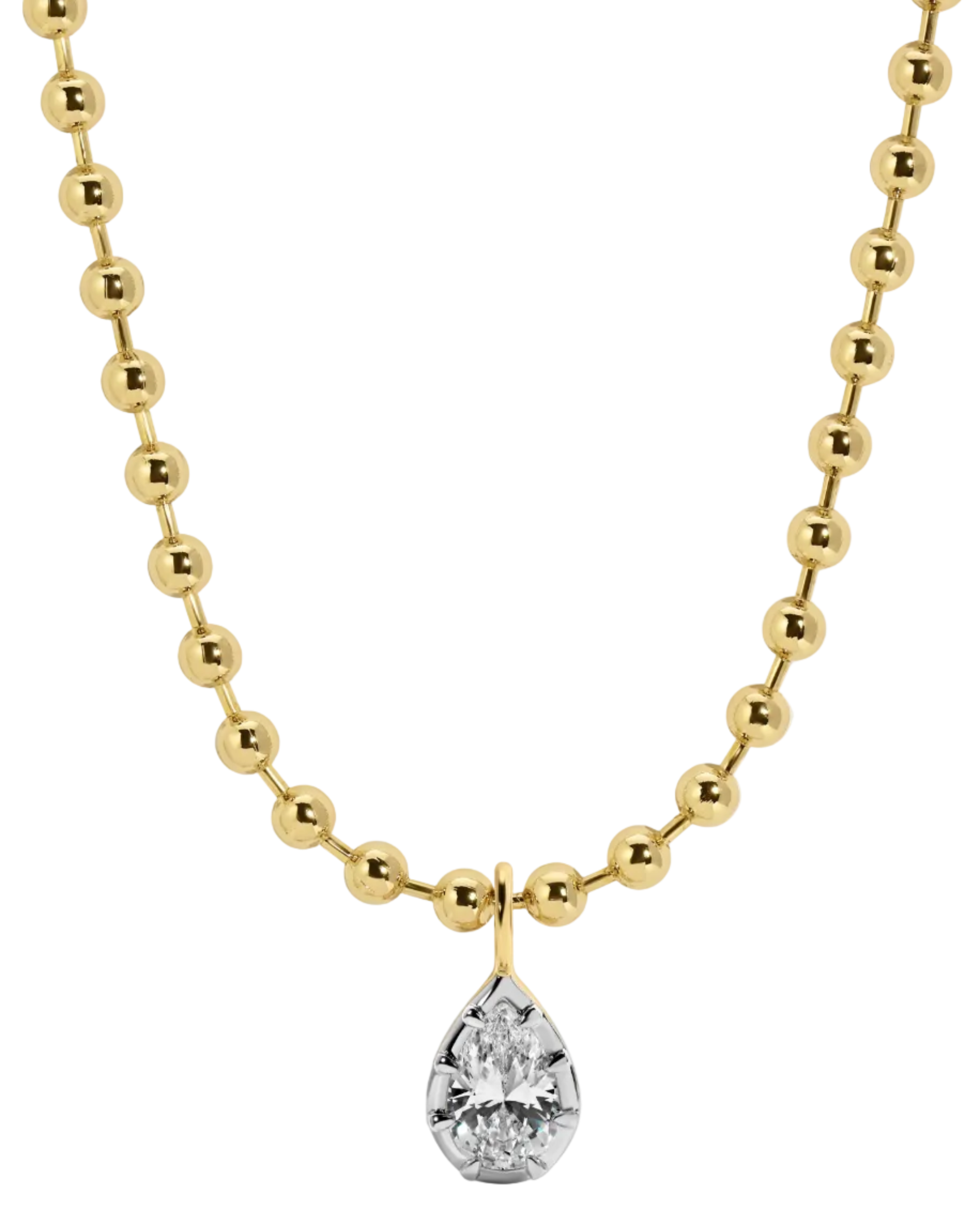 gold round ball chain with silver pear diamond pendant necklace