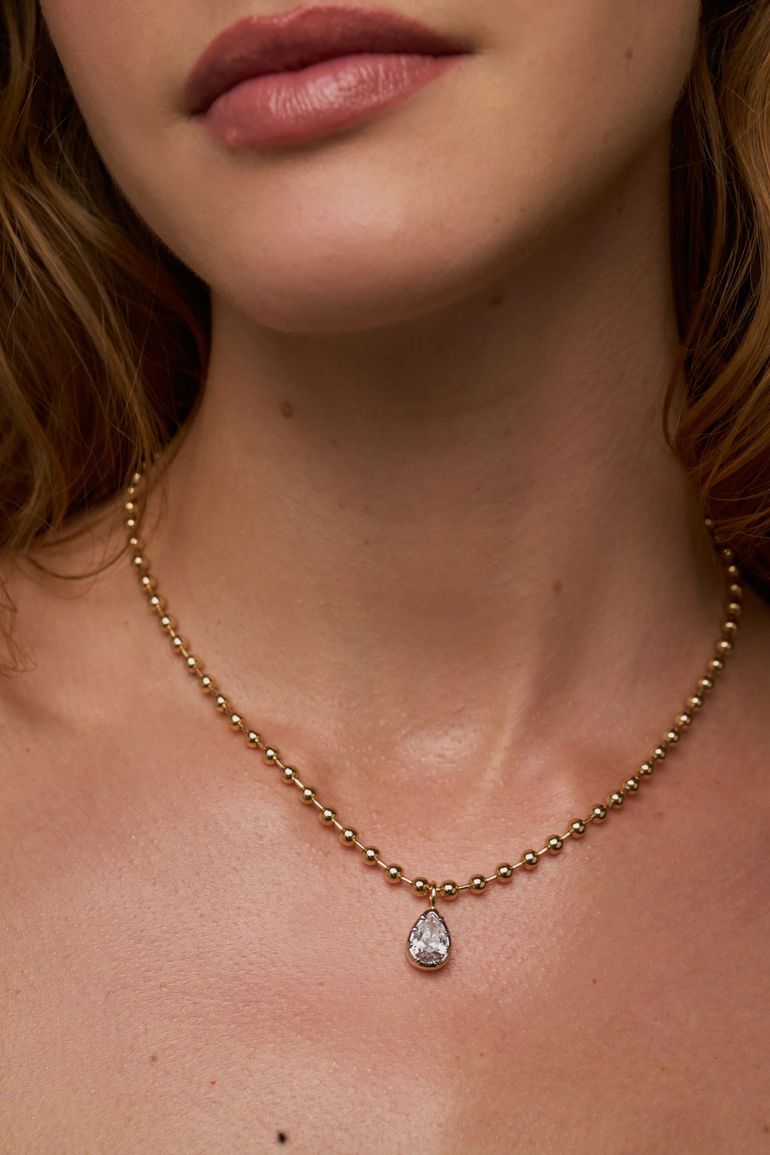 gold round ball chain with silver pear diamond pendant necklace