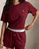 matching lounge shirt and shorts in burgundy