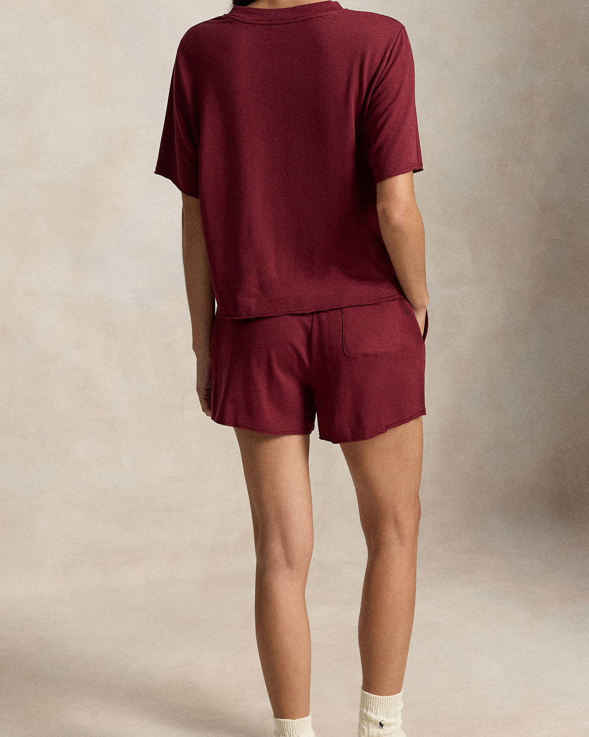 matching lounge shirt and shorts in burgundy