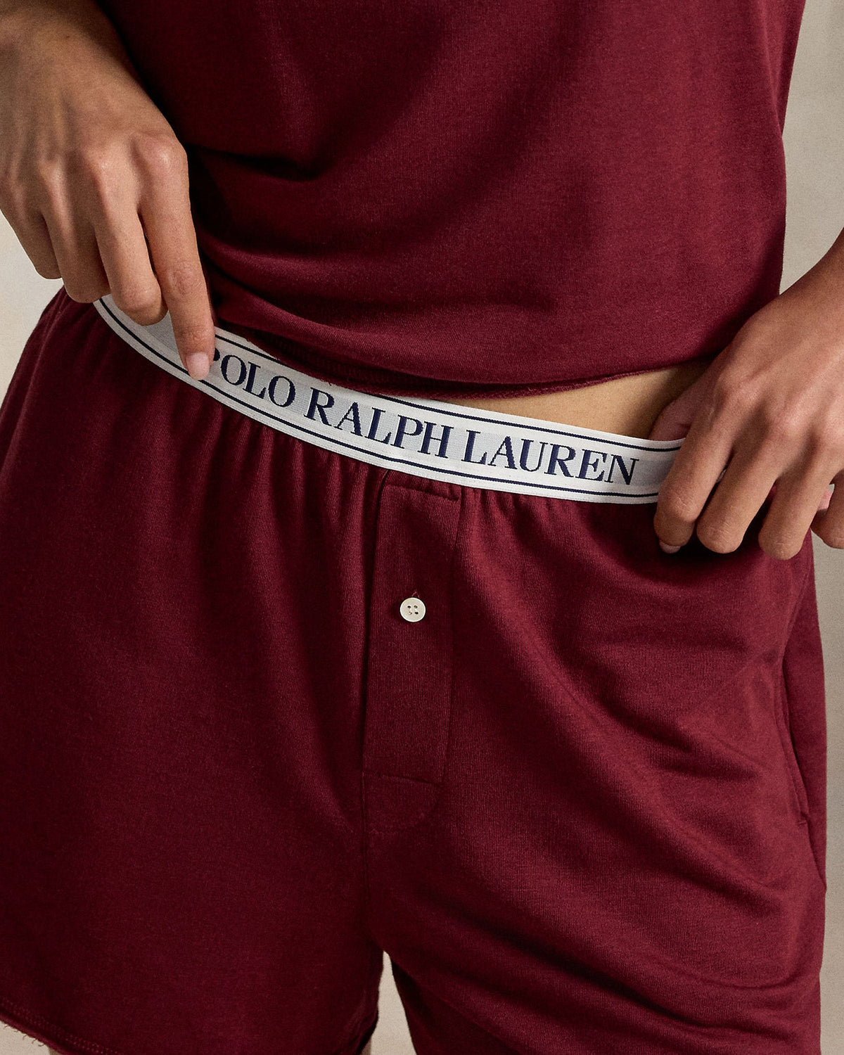 matching lounge shirt and shorts in burgundy