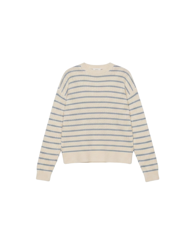 cream sweater with a light blue stripe