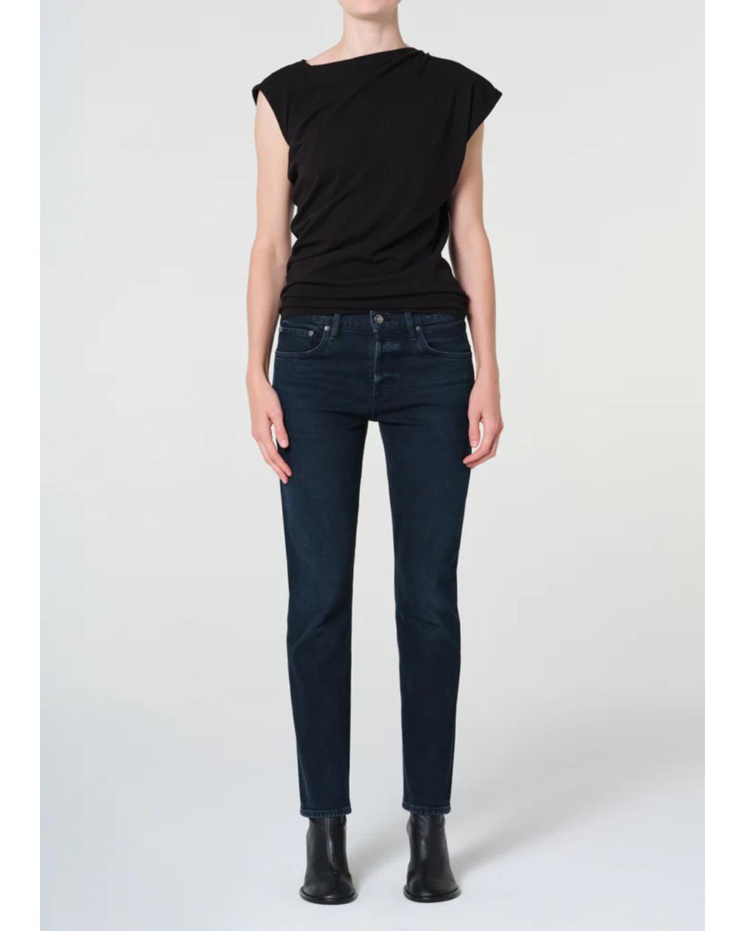 high rise dark blue denim pant with a straight leg to the ankle