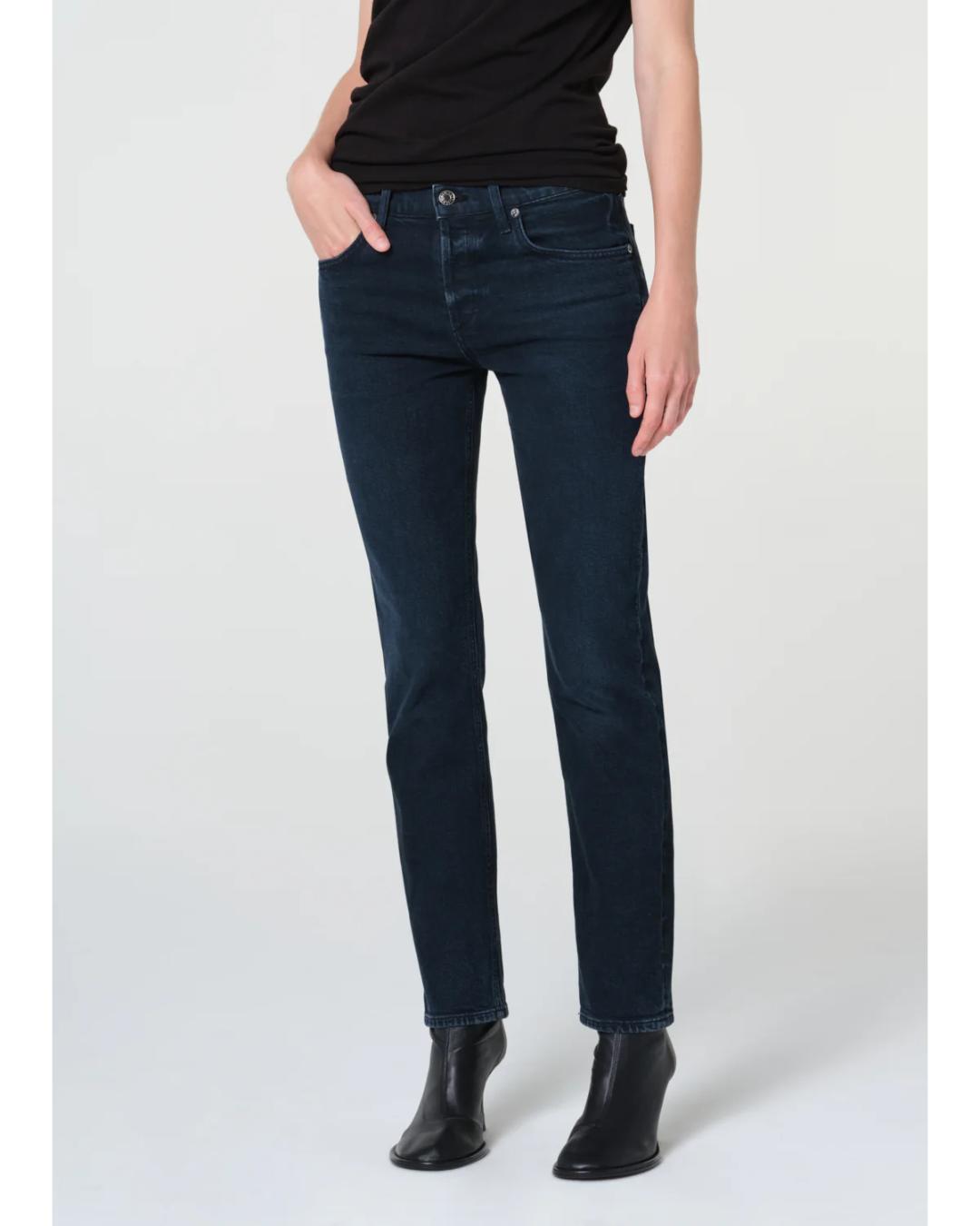 high rise dark blue denim pant with a straight leg to the ankle