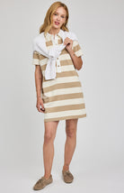 striped polo midi dress in white and khaki green
