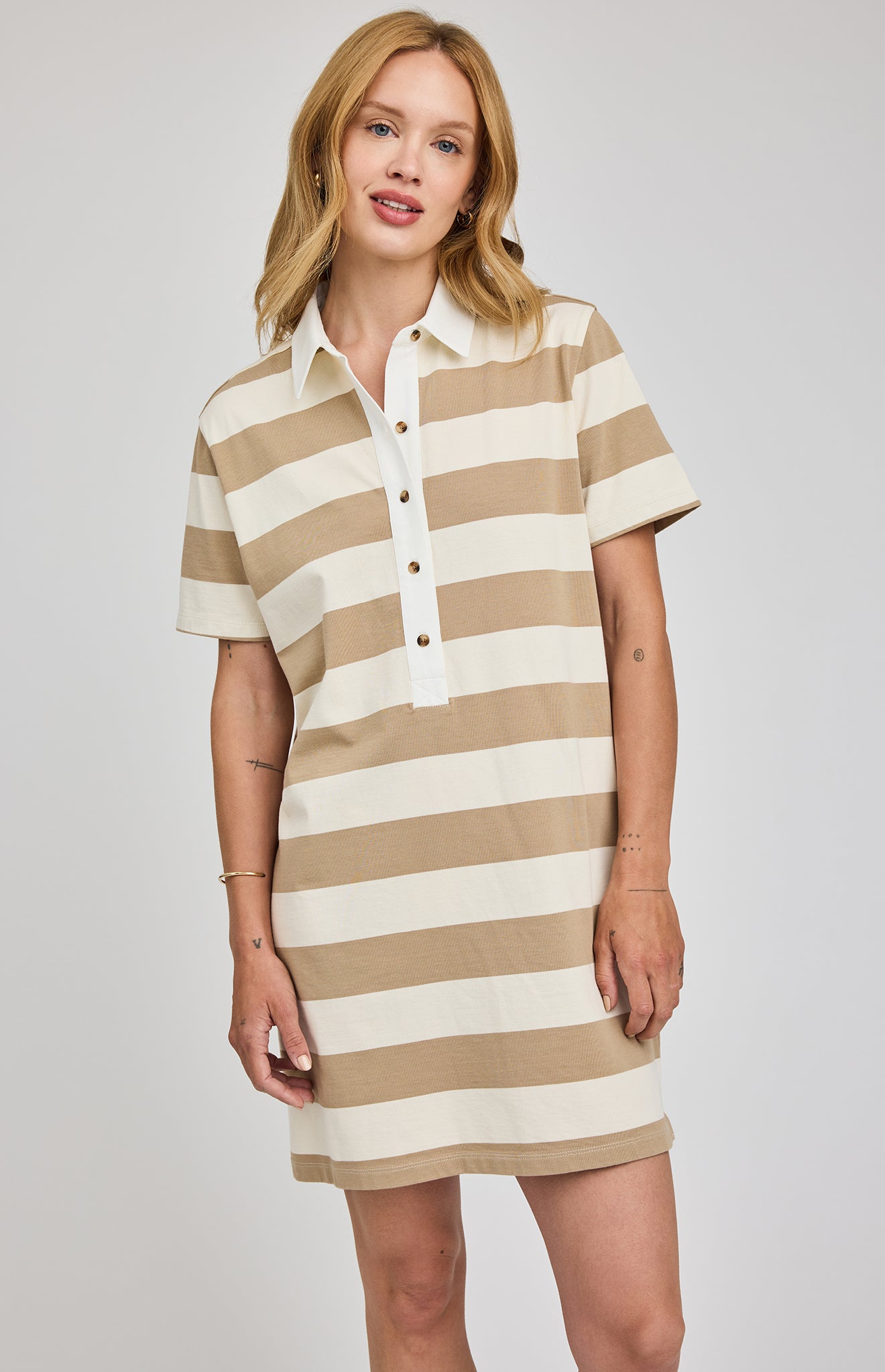 striped polo midi dress in white and khaki green