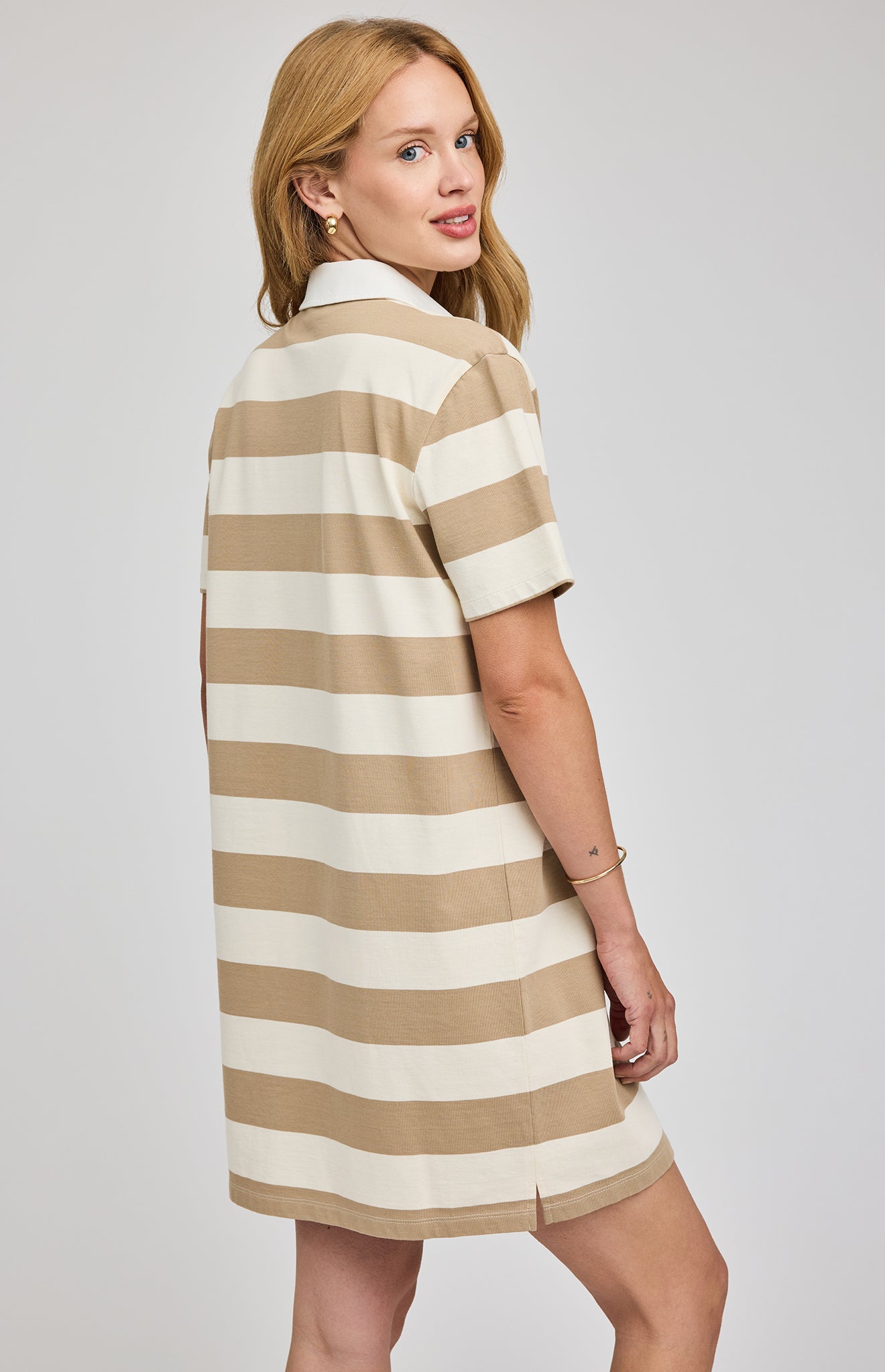striped polo midi dress in white and khaki green