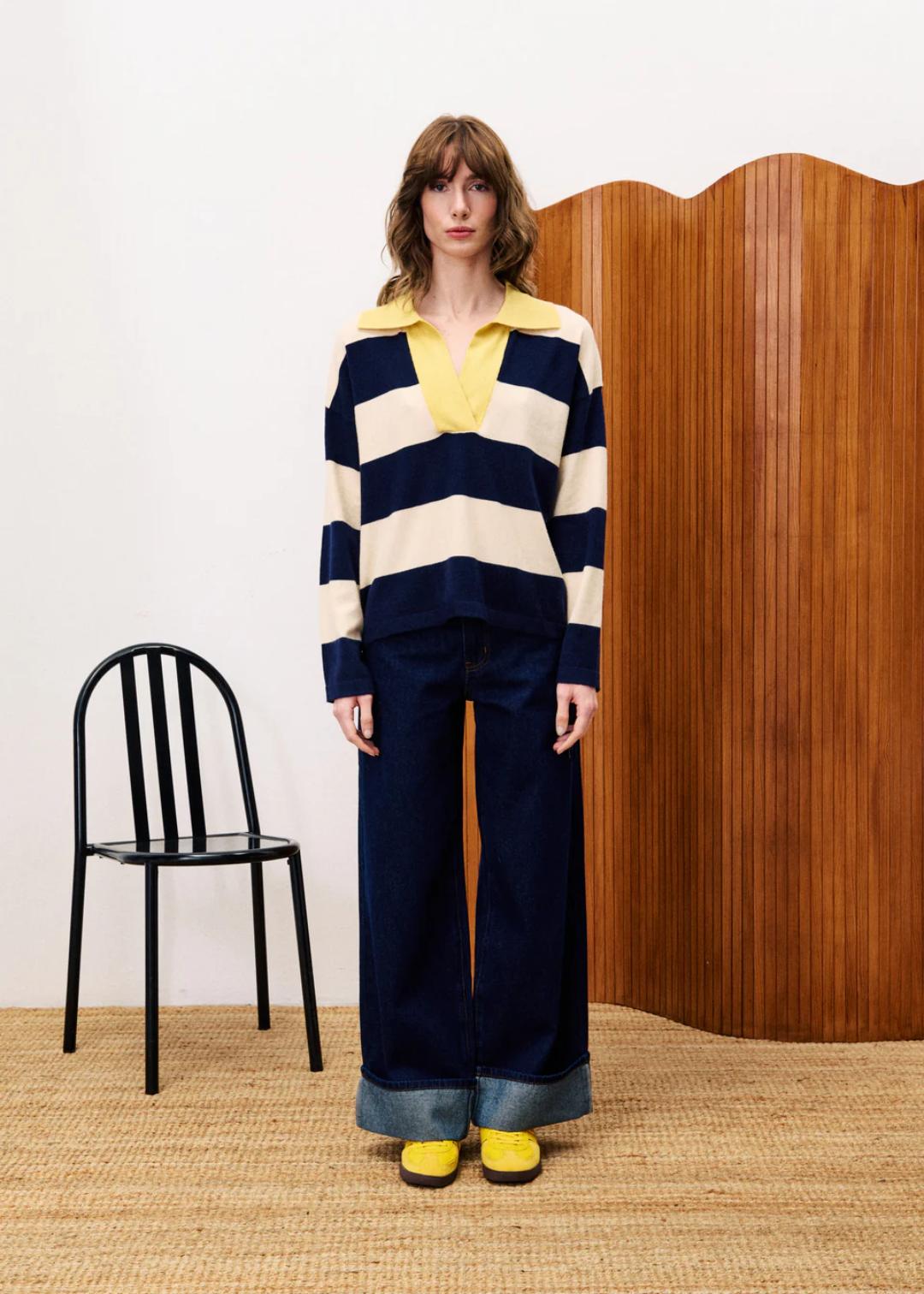 striped blue and beige polo sweater with a yellow collar
