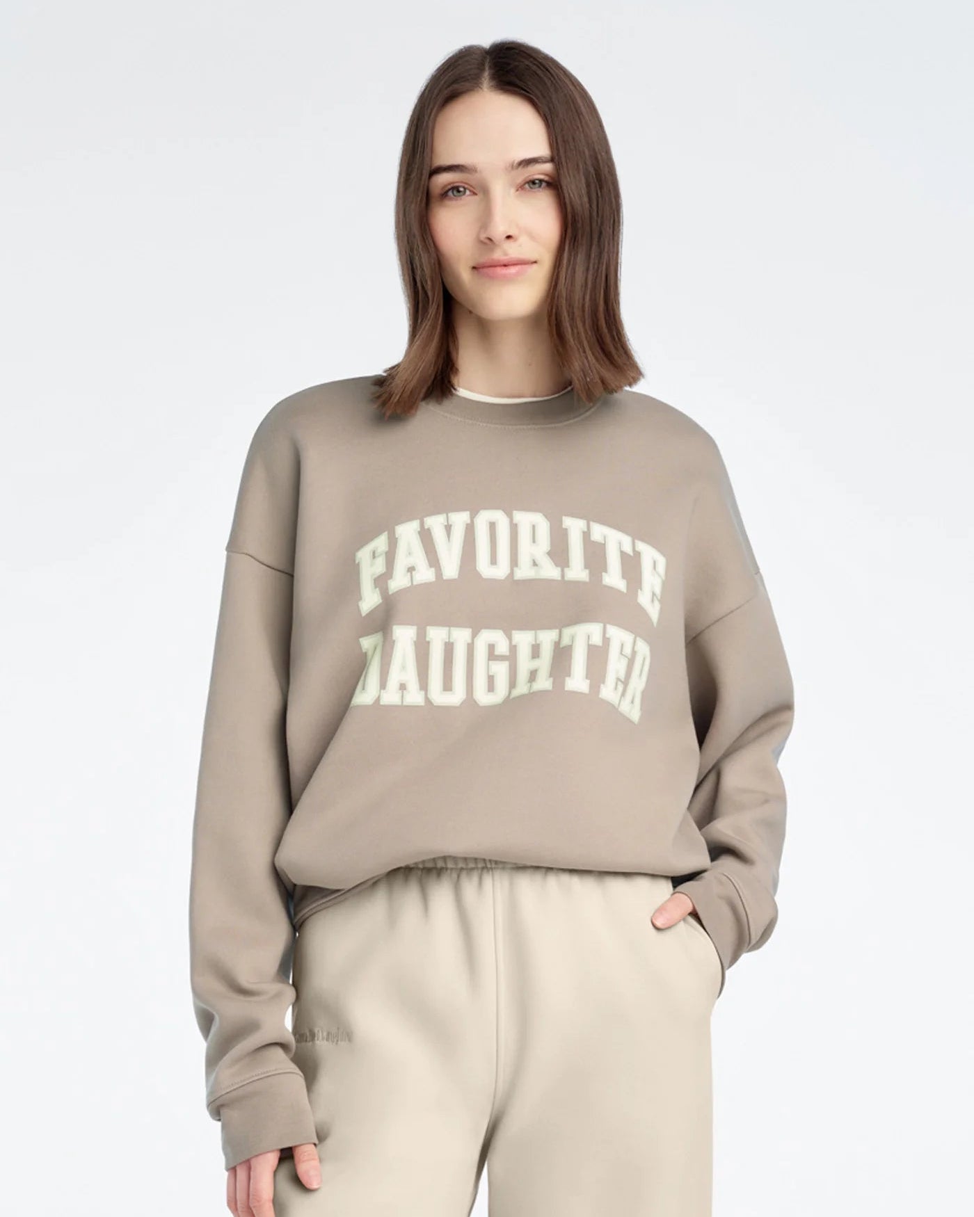 crewneck sweatshirt in soft brown with favorite daughter in text