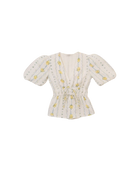 white top with a puff sleeve and yellow flowers