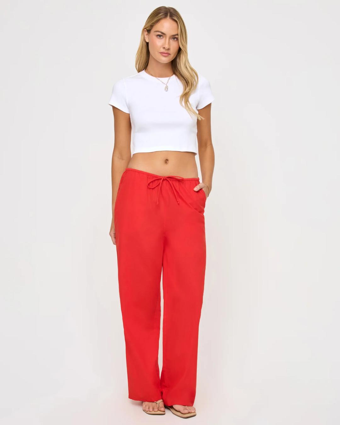 red drawstring wide leg pant