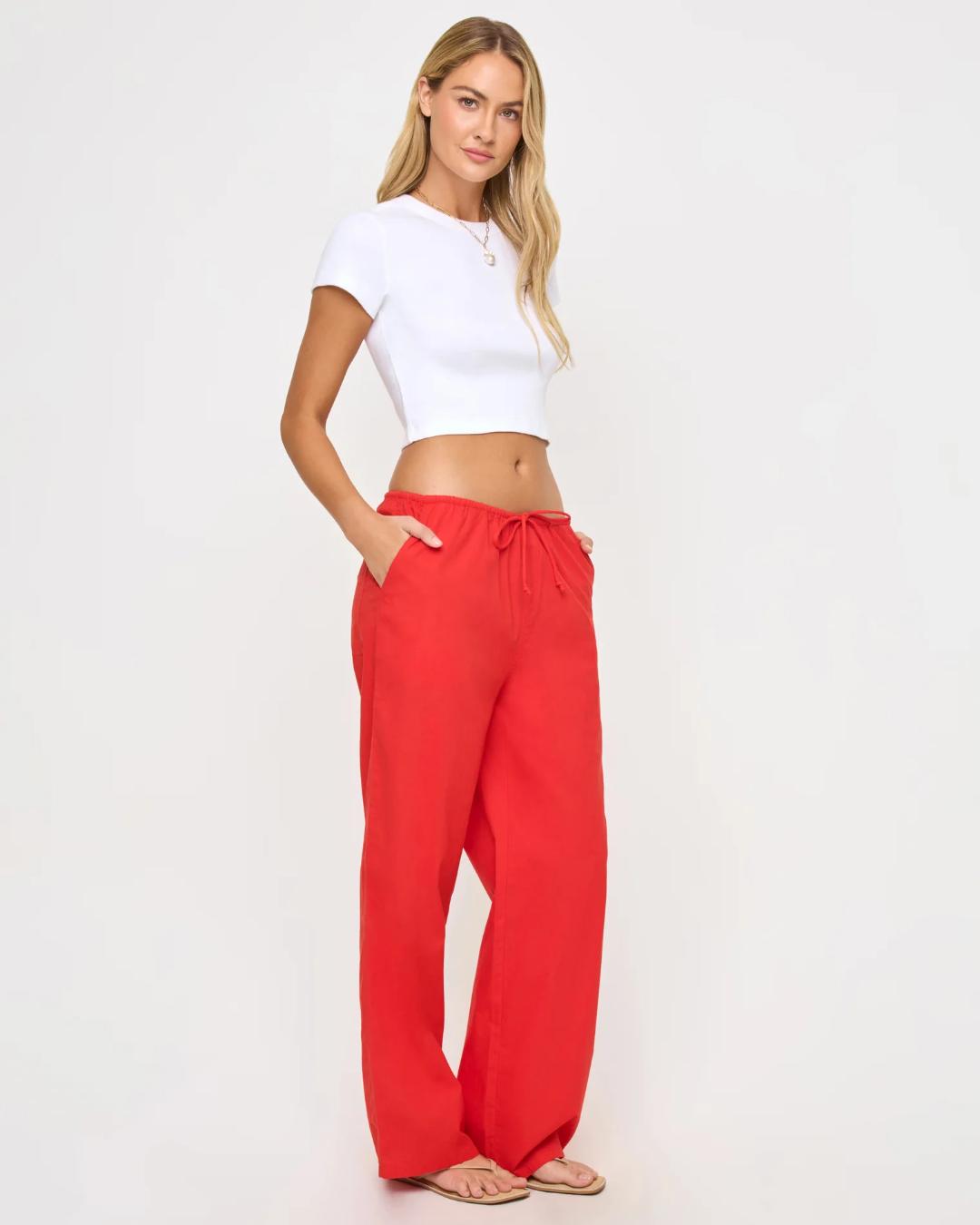 red drawstring wide leg pant