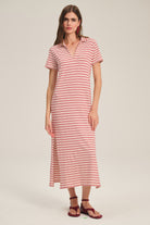 midi collar dress with cream and red stripes