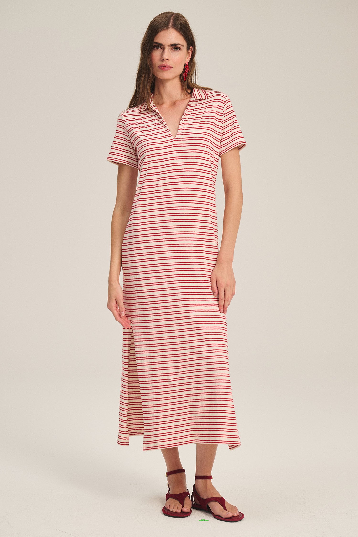 midi collar dress with cream and red stripes