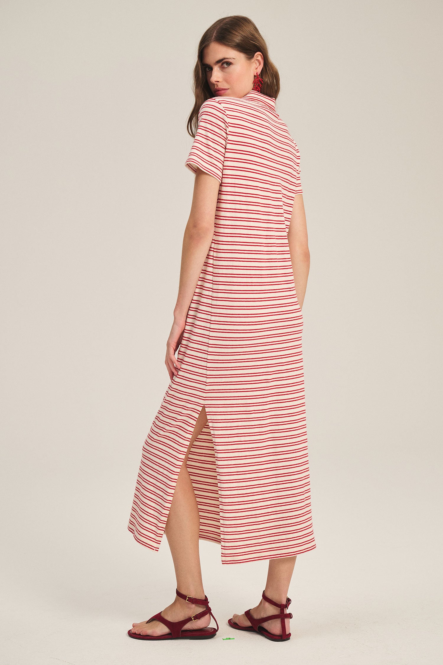 midi collar dress with cream and red stripes