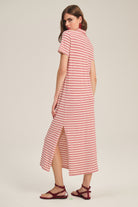 midi collar dress with cream and red stripes