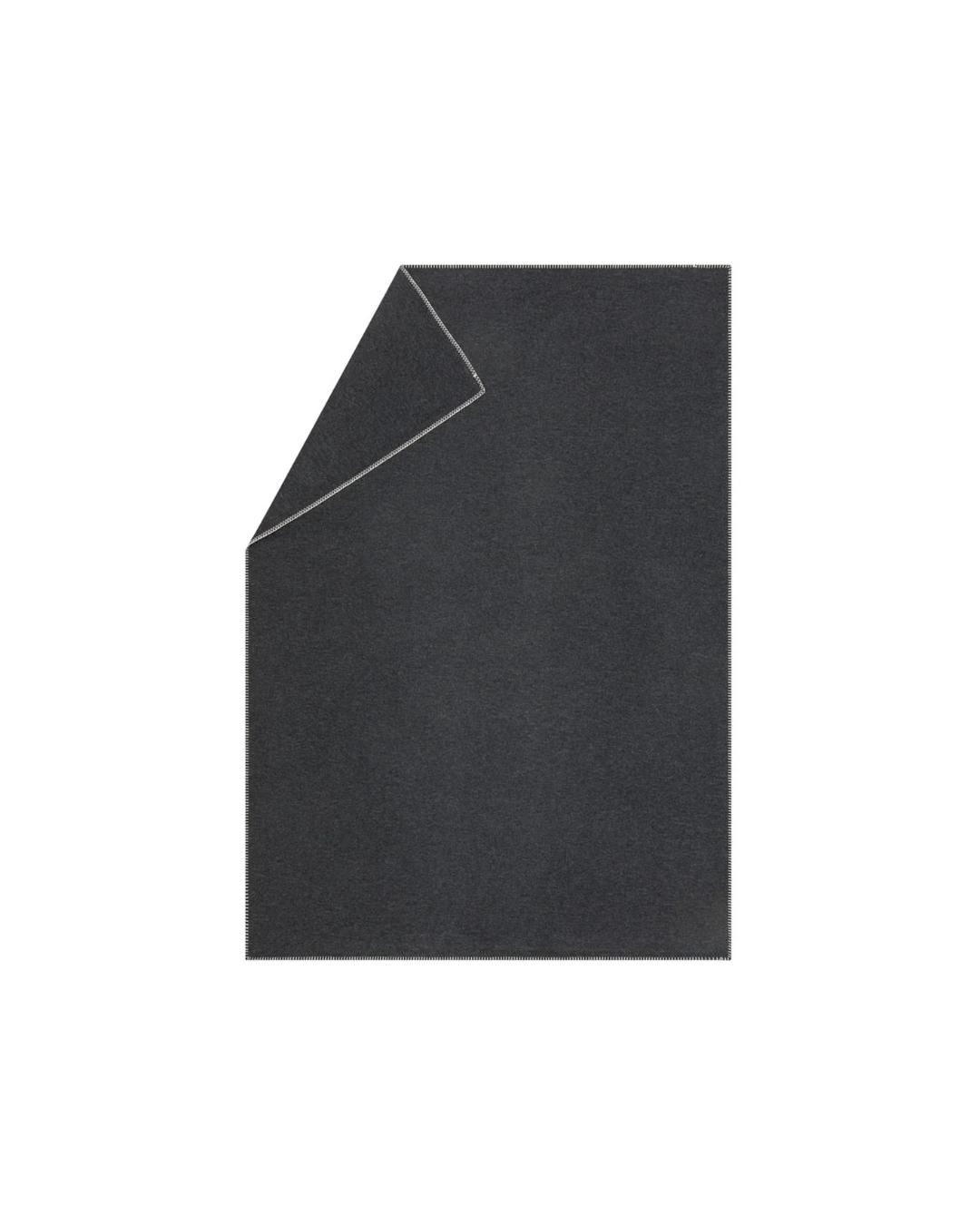 dark grey blanket with white stitching