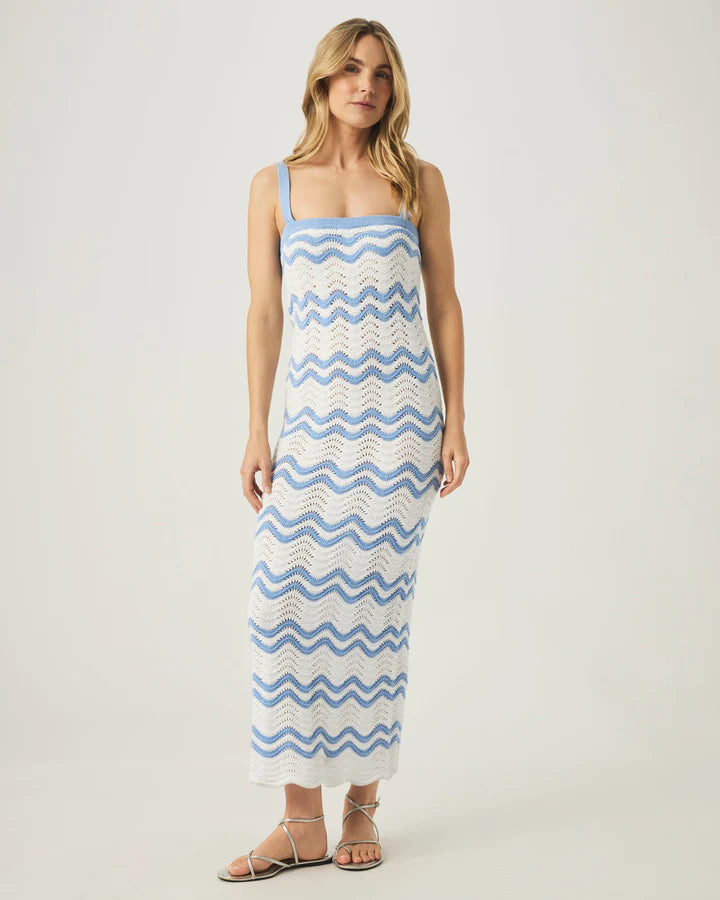 midi sweater dress with blue and white zig zag stripes with thin tank straps