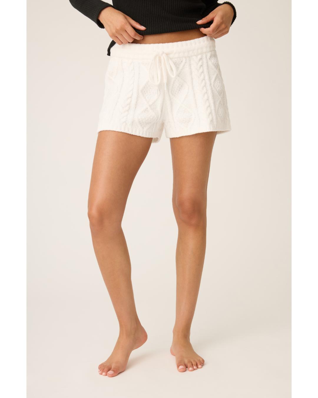 white cable knit fuzzy pj lounge shorts